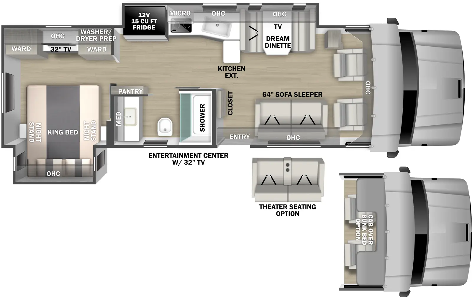 The Europa 32KD floorplan has one entry and two slide outs. Exterior features include: 16' awning and outside entertainment. Interiors features include: rear bedroom, bunk over cab and dinette.